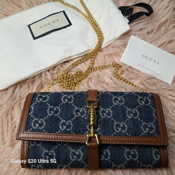 GUCCI JACKIE 1961 GG Denim Leather Chain Wallet - Picture 1 of 6